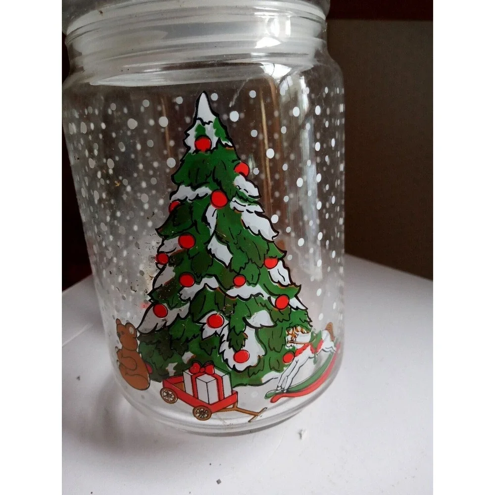 Vintage Christmas Tree &‎ Toys Clear Glass Candy Treat Jar With Lid EUC